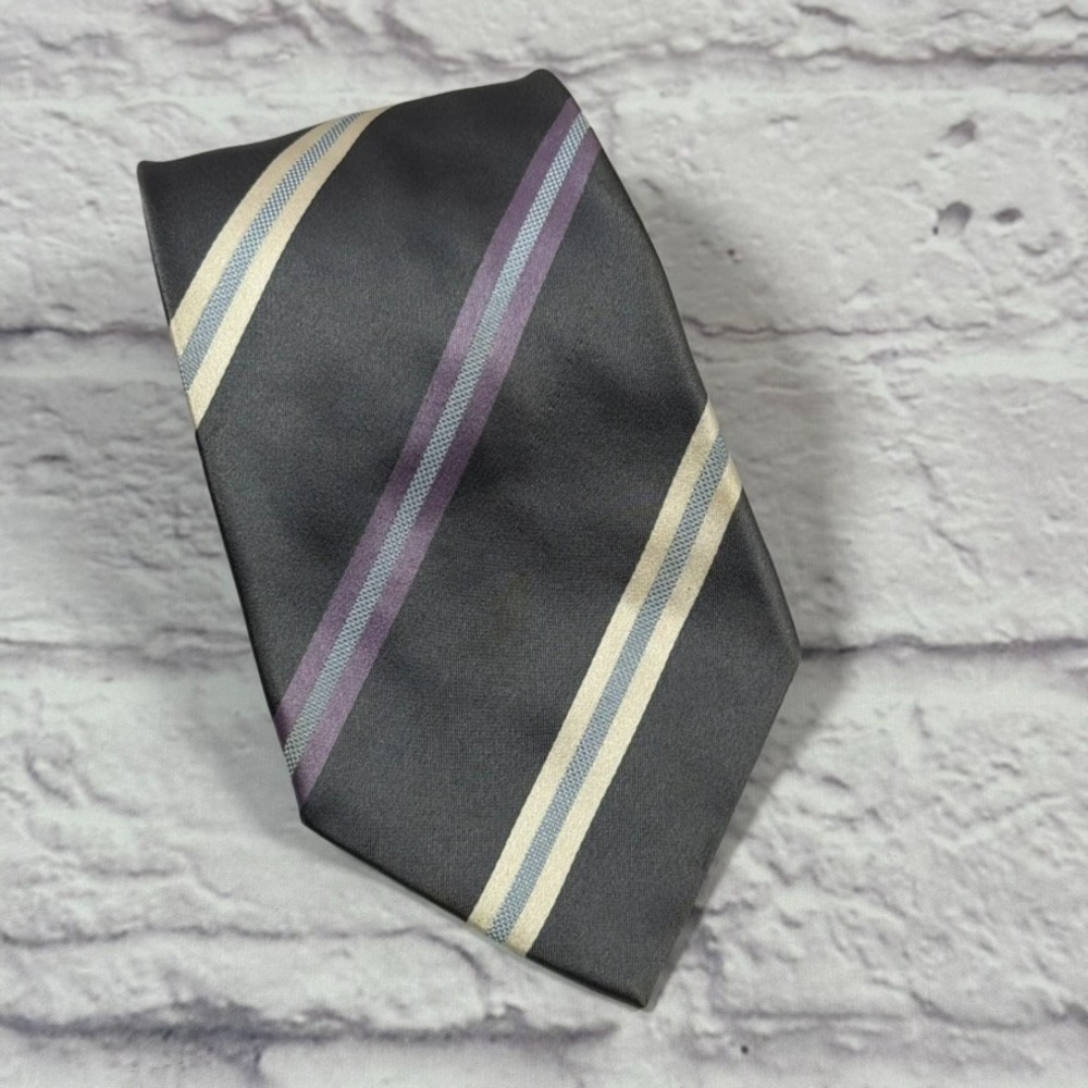 Vintage Sean Jean Mens Necktie Handmade 100% Silk Tie Grey Yellow Purple Striped - Picture 1 of 4